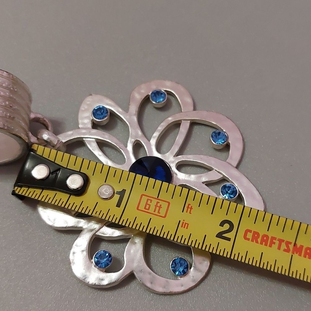 Silver Tone Cutout Flower with Blue Rhinestone Accent Pendant Scarf Accent Decor - Picture 5 of 5